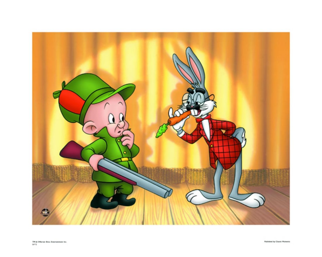 Warner Bros, Looney Tunes, Bugs Bunny & Elmer Fudd, "Groucho Bugs", Giclee: Title: Groucho Bugs Subject: Looney Tunes Publisher: Classic Moments Type: Animation Giclee Paper: MT600 Year Produced: Circa 2000-2010 Size: 16" x 20" Condition: Excellent Licensed by Warner Bros. Ce