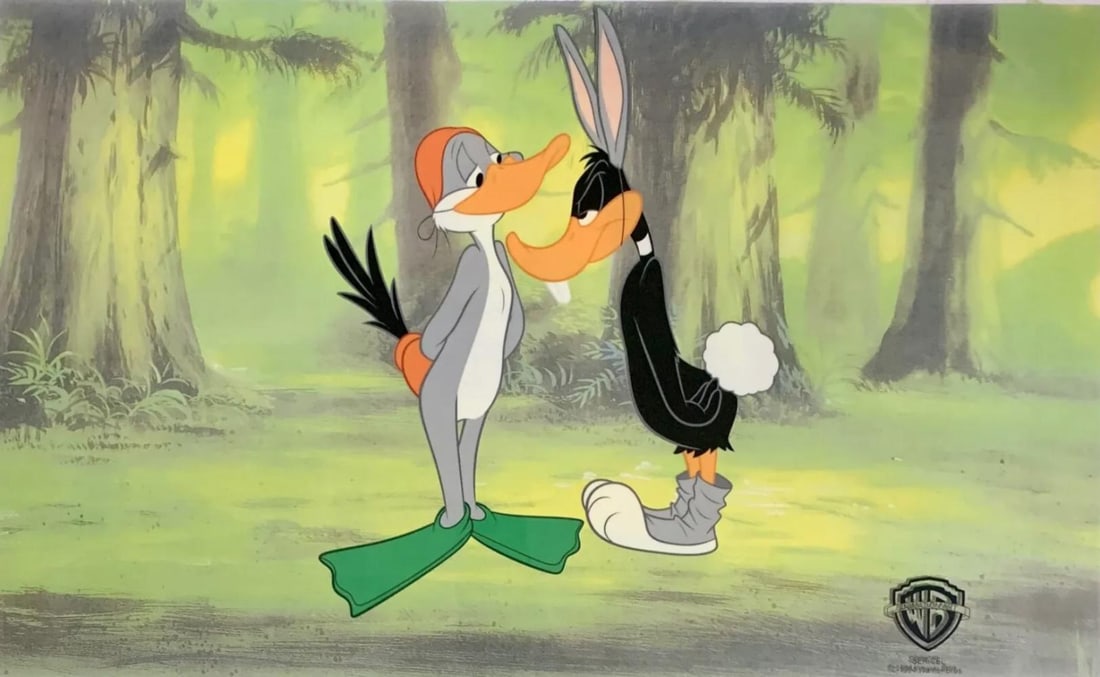 Warner Bros, Looney Tunes, Bugs Bunny & Daffy Duck, Limited Edition sericel: Limited edition Sericel of Warner Bros Looney Tunes. This fantastic animation features Daffy Duck and Bugs Bunny in the classic animation "Rabbit Season, Duck Season". This Cel measures 11" x 14", com