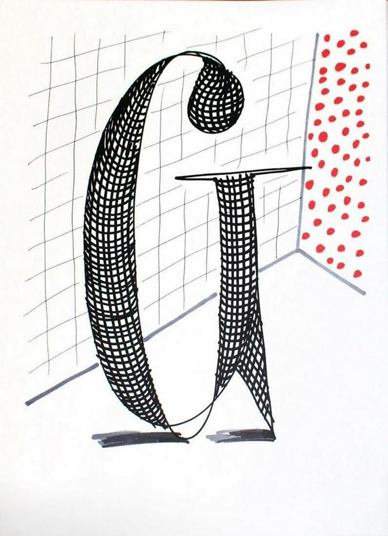 David Hockney, Letter G - Framed Lithograph: Artist: David Hockney. Title: Letter G from "Hockney's Alphabet" Year: 1991. Dimensions: 12 5/8 in. by 9 5/8in. Frame size approx: 18 x 15 Inches. Publisher: Faber and Faber Limited London Suite: Hock