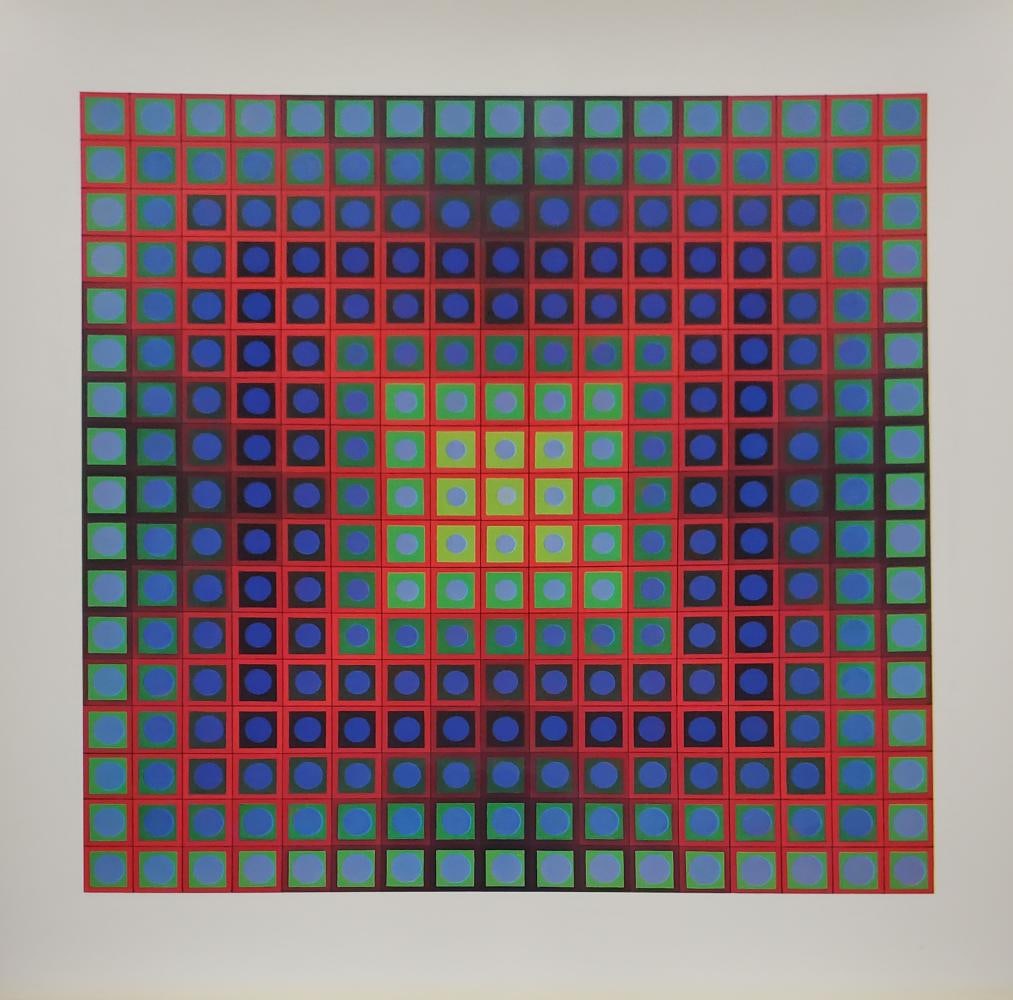 Victor Vasarely, 'Kezdi', Framed Monograph, 1966: Description: Title: KEZDI Type: Monograph on paper Not Signed or numbered, as published Published by Editions Du Griffon Neuchatel in 1971, and printed in Switzerland. Size 10.5 x 10.5" Framed Approx: