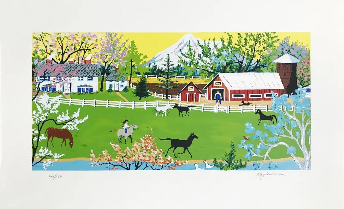 Kay Ameche MT. SHASTA 1980: Serigraph on paper. Hand signed and numbered by the artist. Sheet size: 17.5 x 29.25 inches. Image size: 11.75 x 23.75 inches. Edition of 250. Artwork is in excellent condition. Certificate of Authent