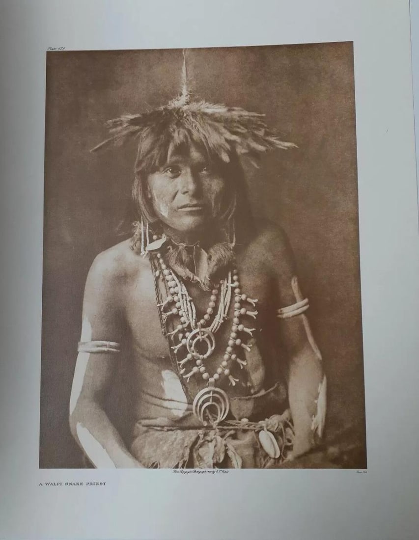 Edward Curtis, Walpi Snake, Print: Edward Curtis A Walpi Snake Priest Sepia Toned Photogravure Print Reproduced by Beaux Art from a 1900 photograph Plate 429 Sheet Size- 18x14 Image Size-14 x 10 In Excellent Condition