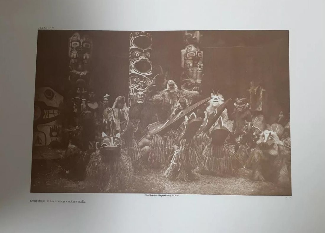 Edward Curtis, Masked Dancers Qagyuhl, Print: Edward Curtis Masked Dancers Qagyuhl Photogravure Sepia Toned Photogravure PRint Reproduced by Beaux Art from a 1914 photograph Plate 358 Sheet Size- 18x14 Image Size-14 x 10 In Excellent Condition