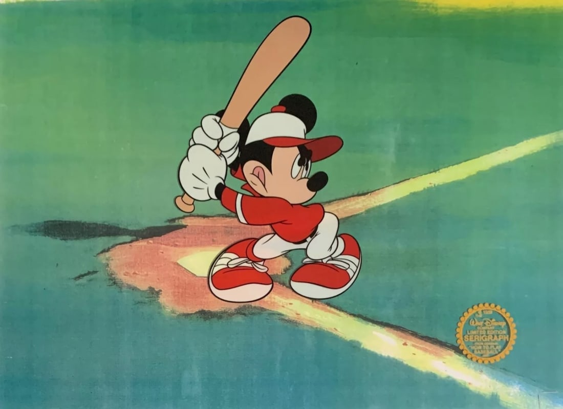 Disney, 'Mickey Mouse Plays Baseball', Limited Edition Animation Cel: Limited edition serigraph cel of Mickey Mouse at Bat. Disney?s own artists have selected this scene from the original animation drawings used to produce this classic Disney film. Known as a "cel", thi