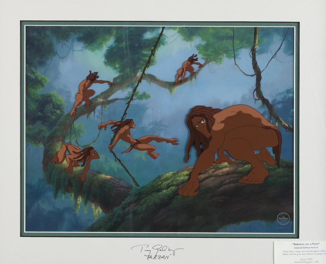 Disney, 'Tarzan Surfing On A Vine' Signed Limited Edition Sericel, 1999: Disney Sericel Size-13 x 17 Movie - Tarzan - 06/18/1999 Limited Edition of 2,500 TARZAN "Surfing On A Vine" Condition- Excellent, Frame Comes as is, but it still in good condition