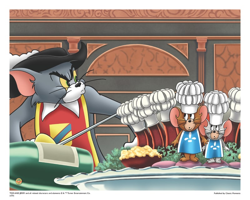 Warner Bros, Hanna-Barbera, Tom & Jerry, "Two Mouseketeers Hiding": Title: Two Mouseketeers Hiding Subject: Tom and Jerry Publisher: Classic Moments Type: Animation Giclee Paper: MT600 Year Produced: Circa 2000-2010 Size: 16" x 20" Condition: Excellent Licensed by War