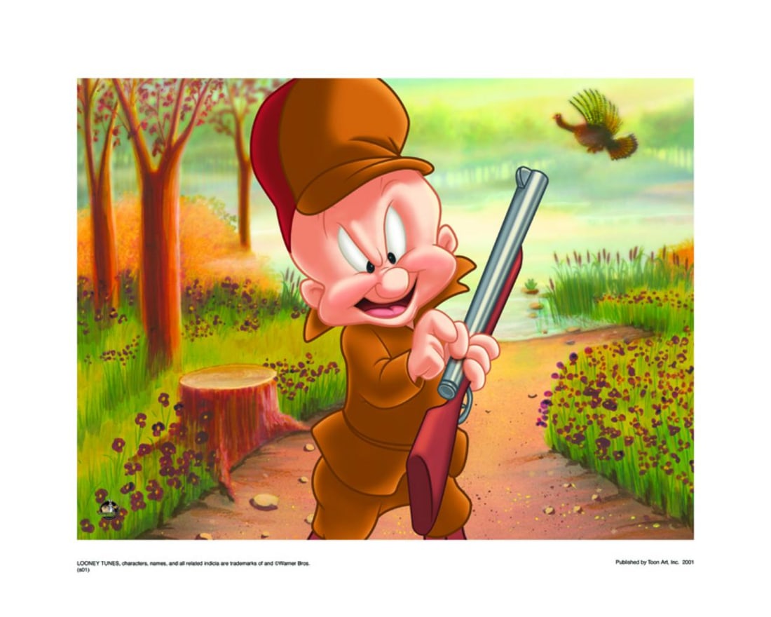 Warner Bros, Looney Tunes, "Turkey Hunting Elmer, 16"x20" Animation Giclee: Subject- Turkey Hunting Elmer Published by Classic Moments as Part of a Limited Edition Run of 500 Type- Animation Giclee Paper- MT600 Year- Circa 2000-2010 Size- 16" x 20" Licensed by Warner Bros. Co