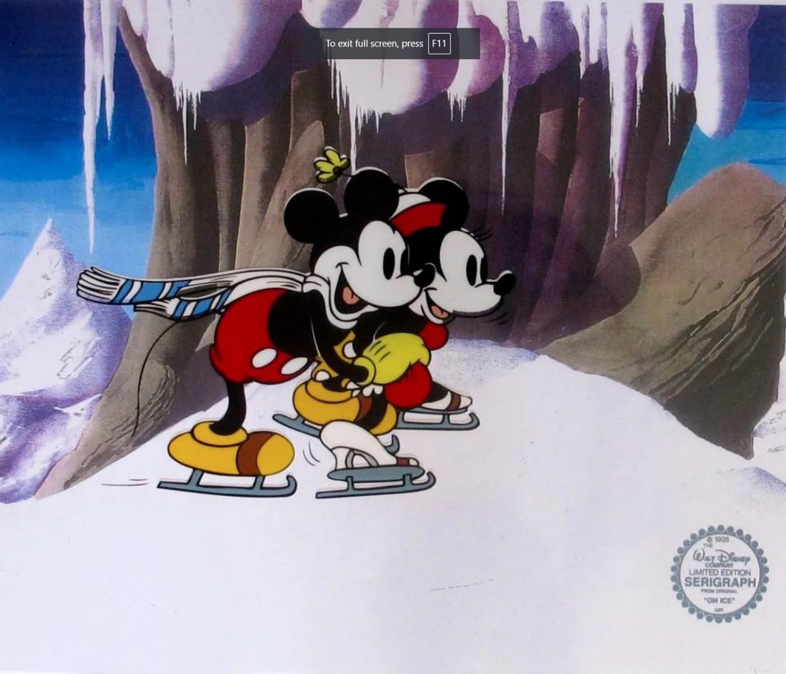 Disney, Mickey & Minnie Mouse Gliding On Ice, Limited Edition sericel: Disney Limited Edition Serigraph / Silk Screen Cel of MICKEY & MINNIE MOUSE as Ice Skaters. Disney?s own artists have selected this scene from the ORIGINAL animation drawings used to produce the class