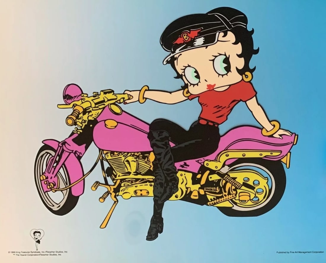 Fleischer, 'Betty Boop - On a Pink Harley Davidson', Limited Edition Animation Cel: Limited edition Large Size Sericel of Betty Boop on a Motorcycle. This fantastic animation features Betty as she appeared in the cartoons. This Cel measures 13.5" x 16.5", comes unframed, in excellent