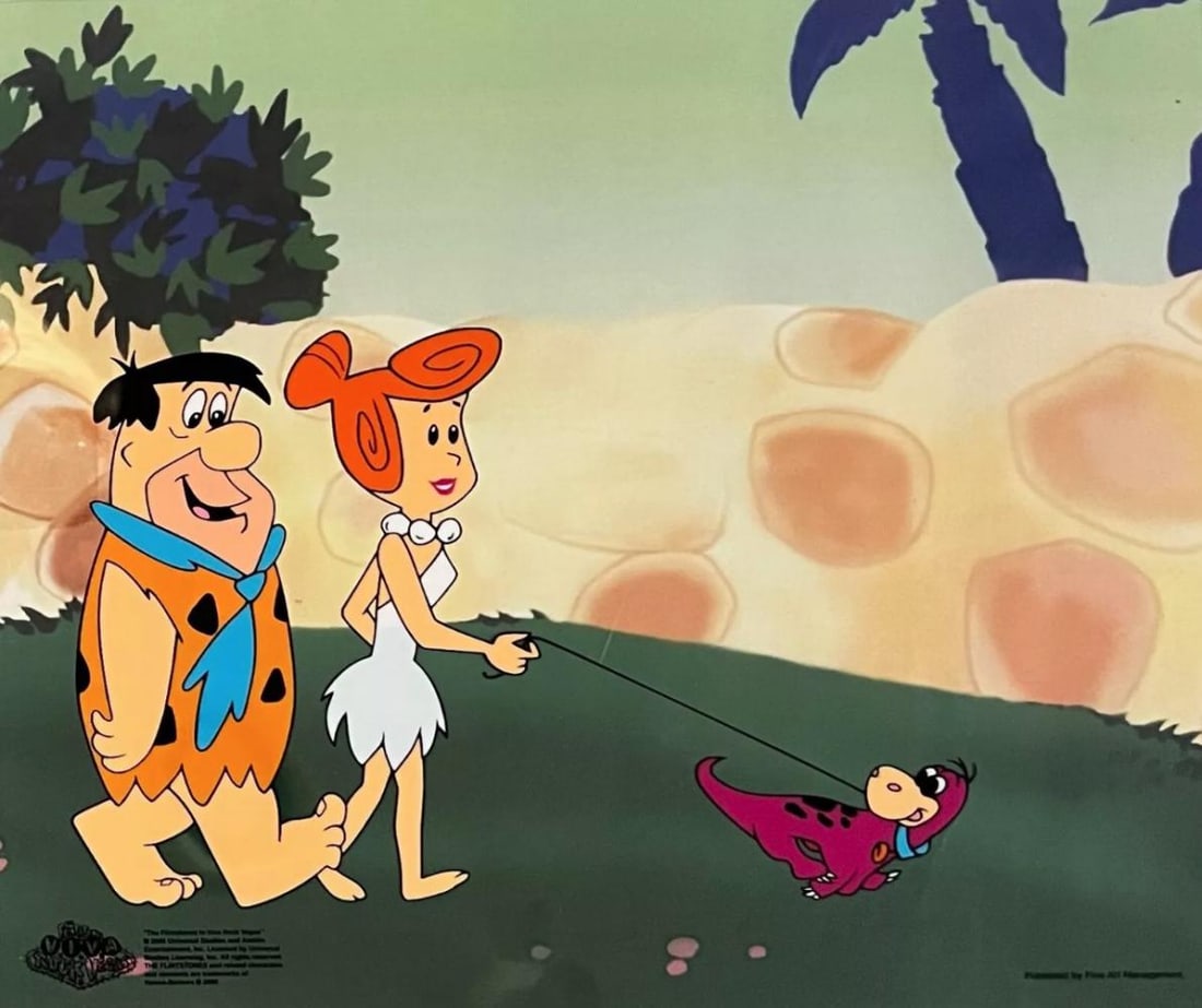 Hanna-Barbera, Flintstone's, Fred & Wilma Walking Baby Dino (Rockwall background), Limited Edition (1 of 1)