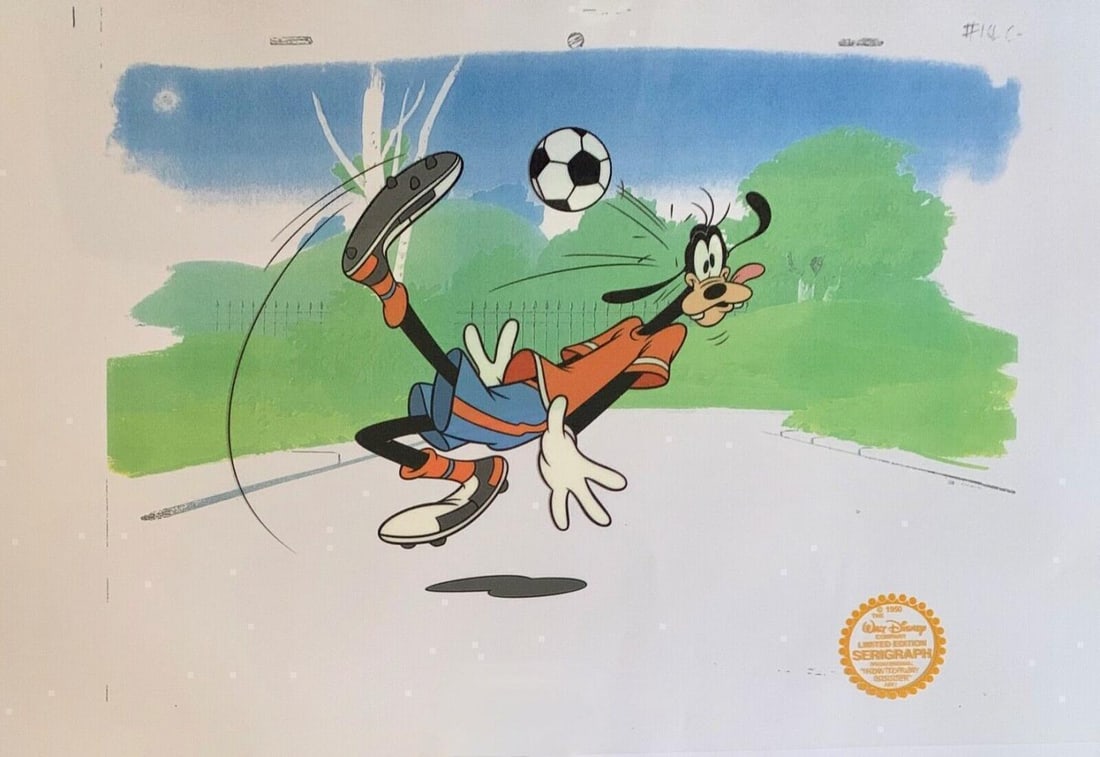 Disney Goofy Soccer Limited Edition Sericel Animation Art Cel: This is a Limited Edition Serigraph / Silk Screen cel of Goofy playing Soccer. Disney?s own artists have selected this scene from the original animation drawings used to produce this classic Disney fi