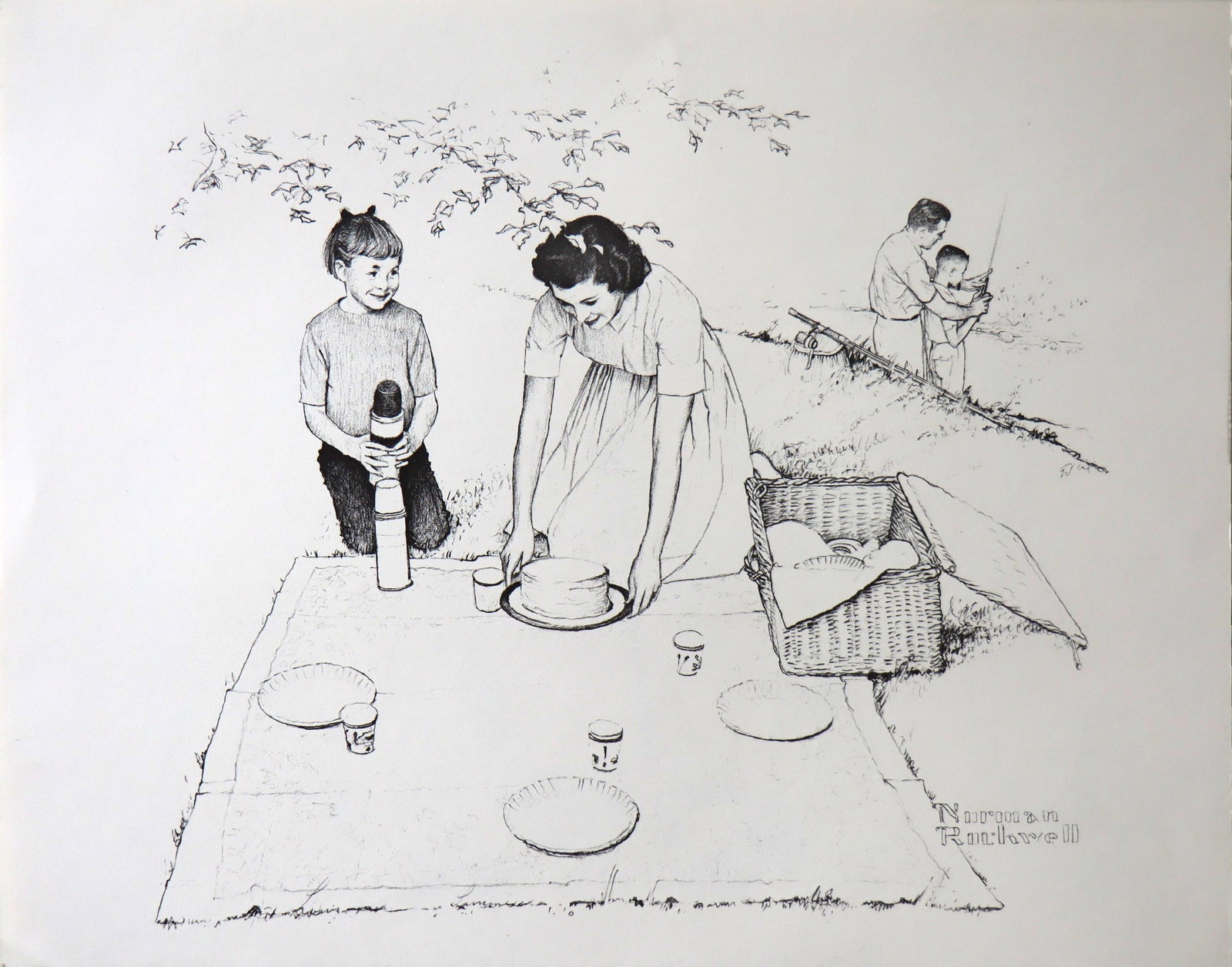 Norman Rockwell, Family Picnic, Lithograph, 1980: Artist: Norman Rockwell Portfolio: "American Family Life", based on Drawings from the 1950s for Massachusetts Mutual Company Media: offset lithograph on heavy cardstock paper Licensed print, Signed in