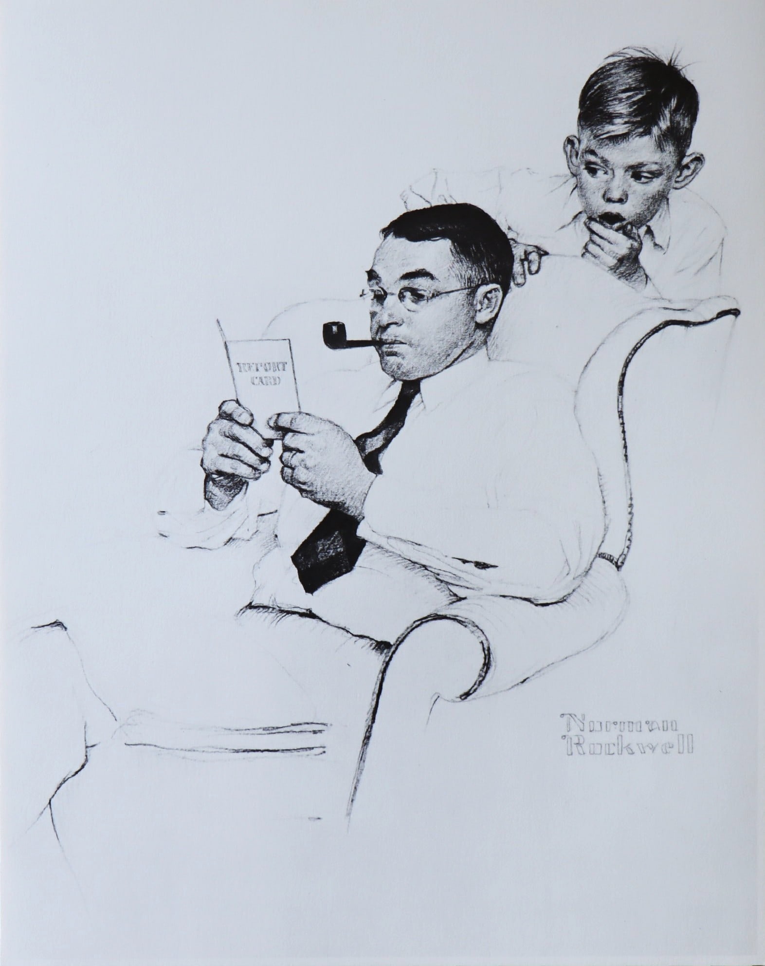 Norman Rockwell, Report Card, Lithograph, 1980: Artist: Norman Rockwell Portfolio: "American Family Life", based on Drawings from the 1950s for Massachusetts Mutual Company Media: offset lithograph on heavy cardstock paper Licensed print, Signed in