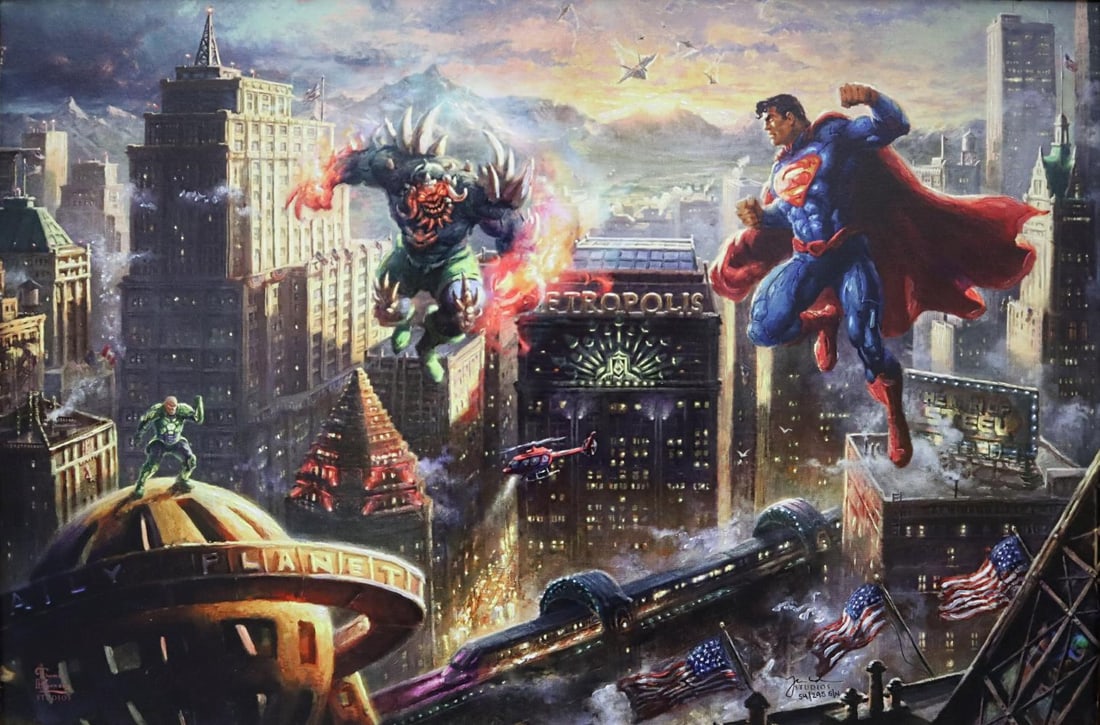 Thomas Kinkade Studios, 'Superman Original Drawings on Verso Man Of Steel', S/N: Thomas Kinkade Zac & Pat Kinkade have hand-enhanced this limited edition canvas Canvas size: 18x27 inches. Framed: 27x35 inches Hand Highlighted Limited Edition on Stretched Canvas, with very rare ori
