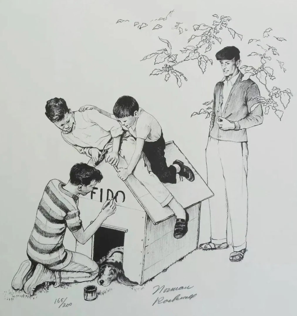 Norman Rockwell, "Fido's House" 1973 Signed & Numbered Lithograph: Artist: Norman Rockwell Title: Fidos House Year: 1973 Dimensions: 26 x 20 Edition: 165/200 Medium: Lithograph Condition: Very Good , please reveiew all pictures Current Retail on this piece is $3,600 