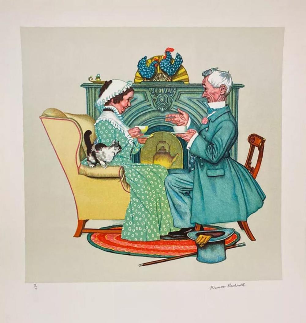 Norman Rockwell 'Gaily Sharing Vintage Time', Signed Limited Editon Lithograph, 1977: "Gaily Sharing Vintage Times" From the Four Ages of Love Suite by Norman Rockwell Media: Lithograph on Paper Image Dimensions: 21" x 22" Year Produced: 1977 Edition Size: 200 Numbered (1-200), 60 Arti