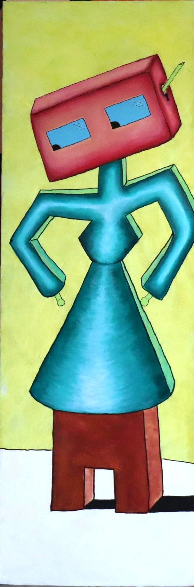 Jenny Quest, Blockhead Robot, Original Acrylic Canvas Painting, 2020: Artist: Jenny Quest (1984 - Present) Title: Blockhead Robot Year: 2020 Edition: Original Signed: On Back Art Size: 36"x12" Type: Painting Surface: Canvas Condition: Excellent Art Description: A whimsi