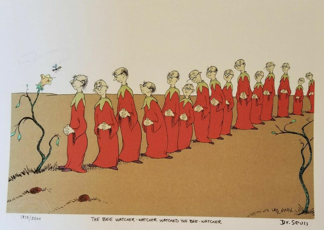 Dr. Seuss, 'The Bee Watcher' Signed And Numbered: Dr. Seuss "The Bee Watcher" Lithograph on B.F.K. Rives Paper Authorized Estate Edition Edition: 1875/2500 Image Size: 9 in X 12 in. Paper Size: 12 in X 16 in .Year of Production: 2000 Stamped Signed &