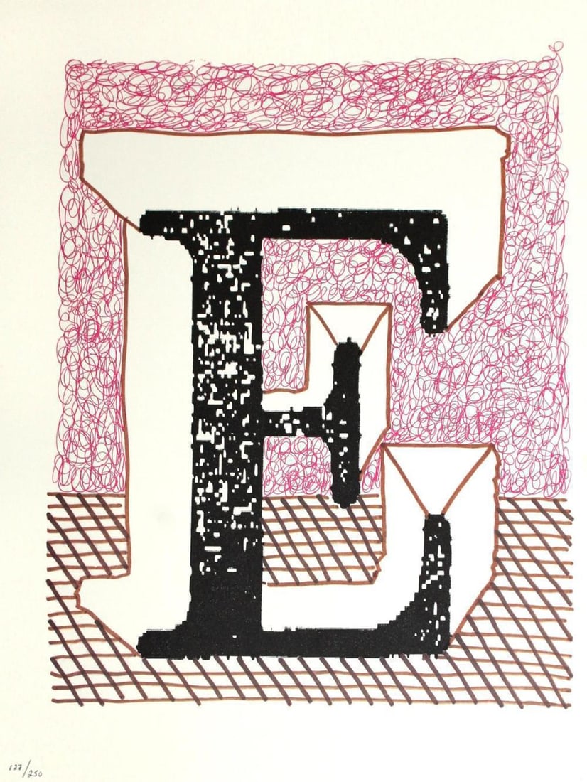 David Hockney - Letter E - Framed Lithograph: Artist: David Hockney. Title: Letter E from "Hockney's Alphabet" Year: 1991. Dimensions: 12 5/8 in. by 9 5/8in. Frame size approx: 18 x 15 Inches. Publisher: Faber and Faber Limited London Suite: Hock