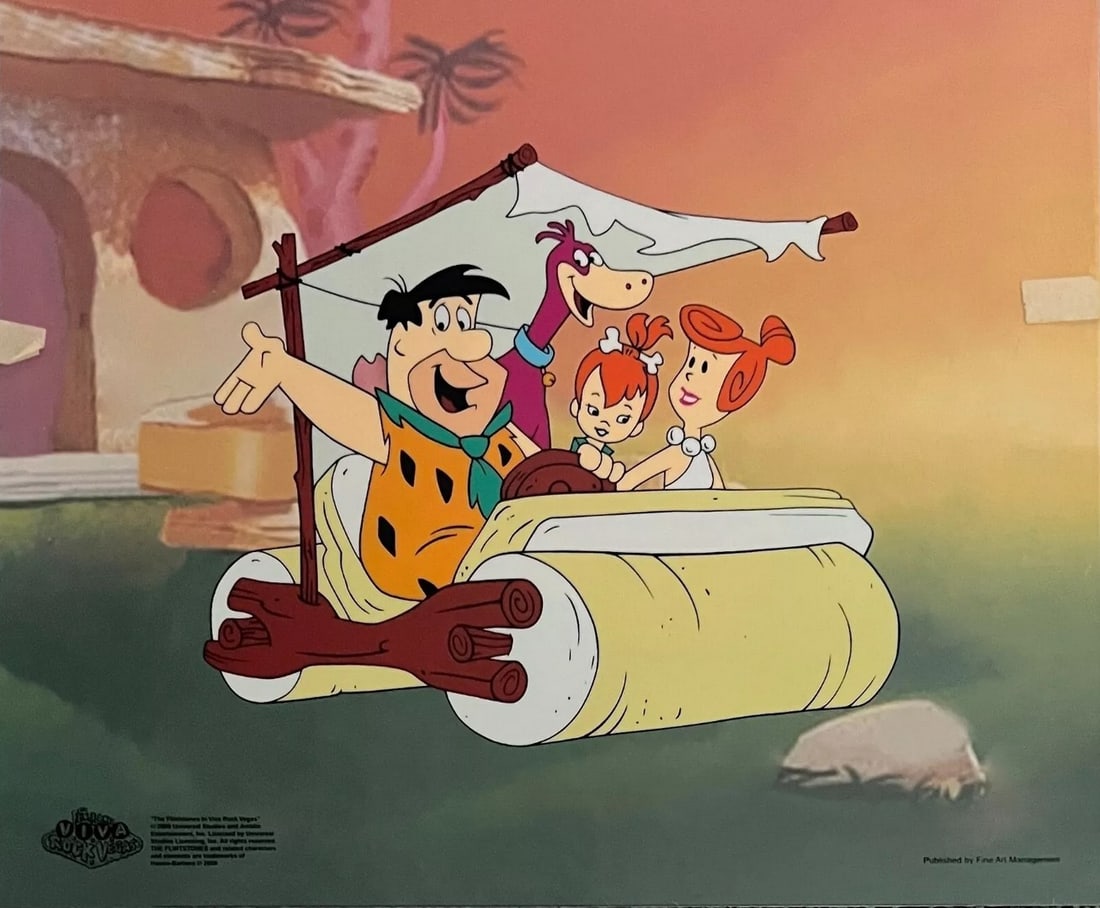 Hanna-Barbera, 'Flintstone's Family Outing', Limited Edition Animation Cel: Limited edition Sericel of The Flintstones titled "Family Outing". This fantastic animation features Fred, Wilma, Pebbles and Dino as they appeared in the animated cartoon feature "Viva Rock Vegas". P