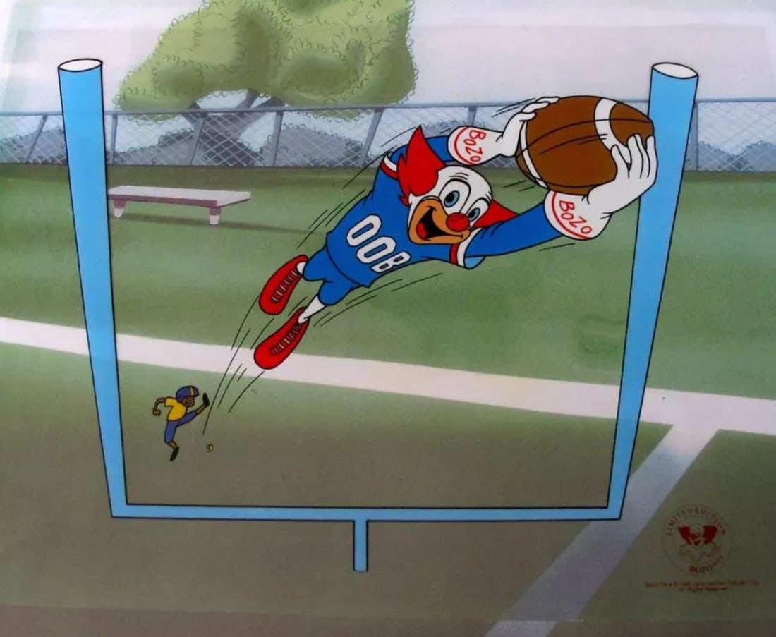 Larry Harmon, 'Bozo The Clown Playing Football', Limited Edition Animation Cel: This is a rare, sold out, limited edition sericel entitled "Bozo Football". This cel measures 12" x 9" and bears the Larry Harmon seal in the bottom right corner. This cel comes with a certificate of 