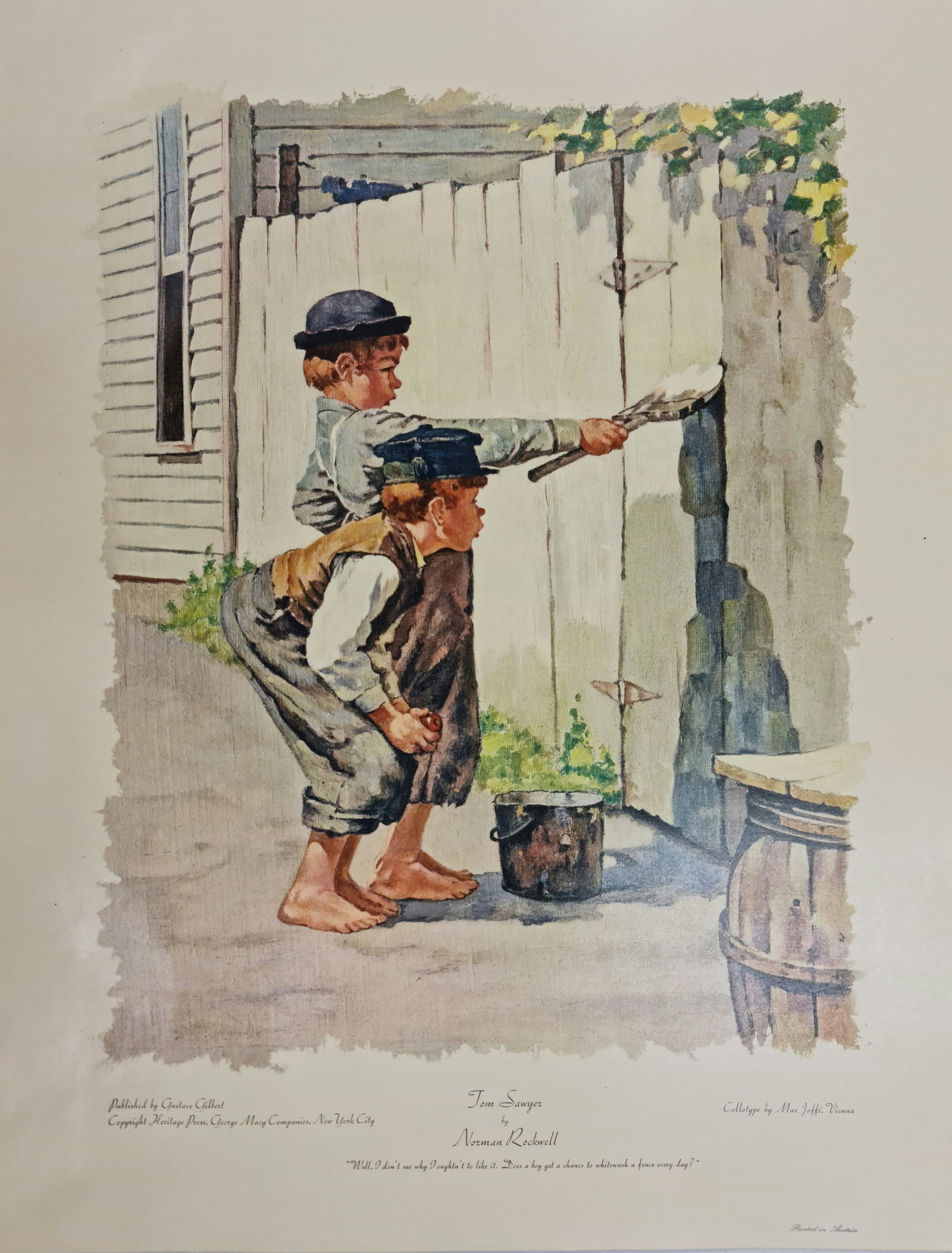 Norman Rockwell, Tom Sawyer (Whitewashing a fence), Collotype, C. 1970: Artist: Norman Rockwell Title: Tom Sawyer (Whitewashing a fence) Medium: Collotype Year: C 1970 Size: 31.5" x 28" Plate Signed Condition: Excellent
