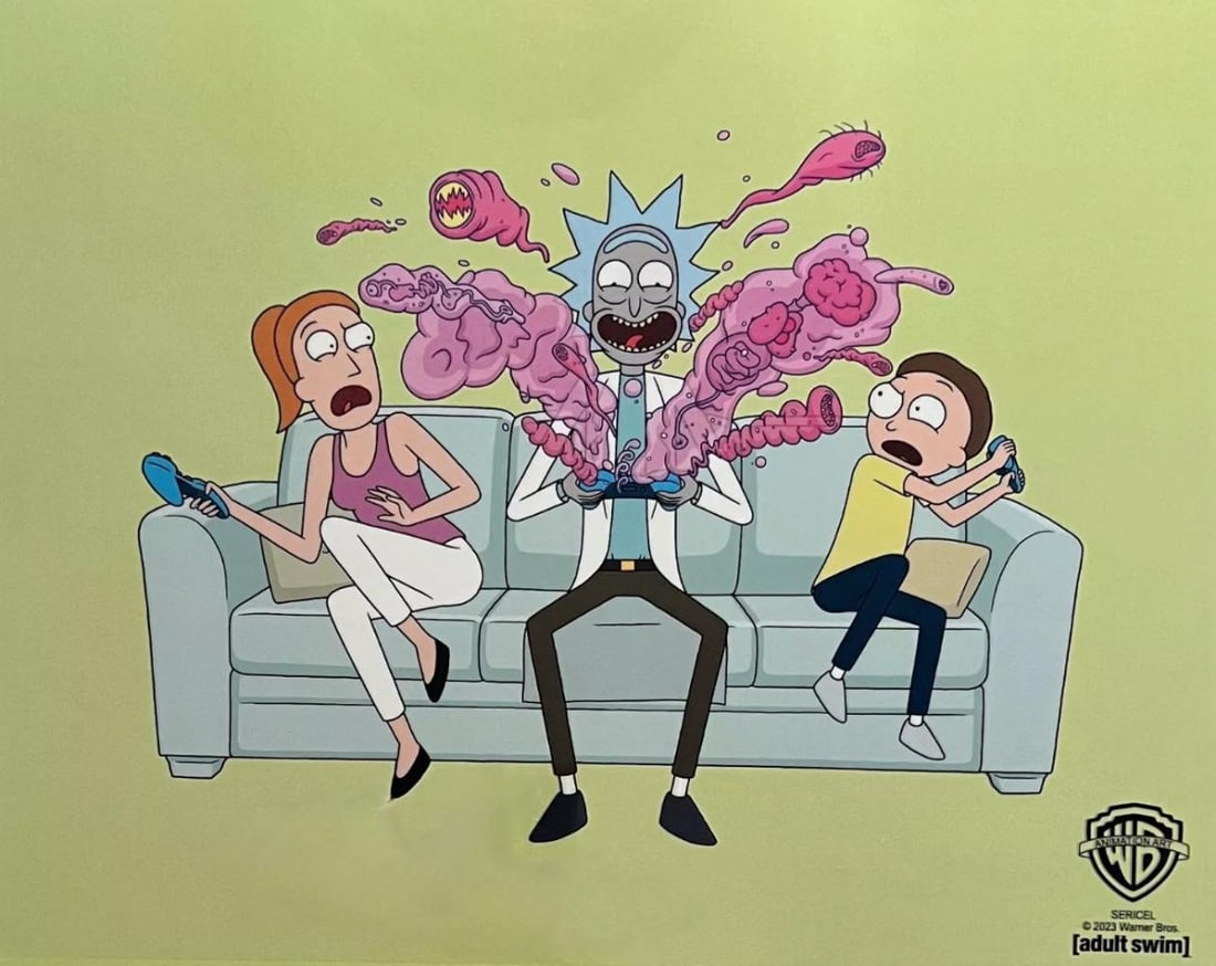 Warner Bros - Adult Swim, 'Rick & Morty - Surprise', Limited Edition Animation Sericel: Limited edition Rick and Morty sericel titled "Look Who's Purging Now". This fantastic recreation animation sericel features Rick Sanchez with Morty and Summer Smith as they appear in the animated sit