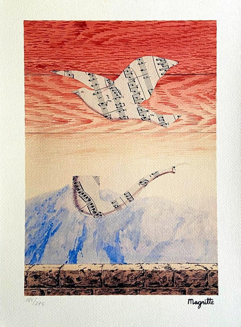 Rene Magritte, 'Musical Moments, Limited Edition Lithograph, 1986: Description Rene Francois Ghislain Magritte (21 November 1898 - 15 August 1967) was a Belgian surrealist artist known for his depictions of familiar objects in unfamiliar, unexpected contexts, which o