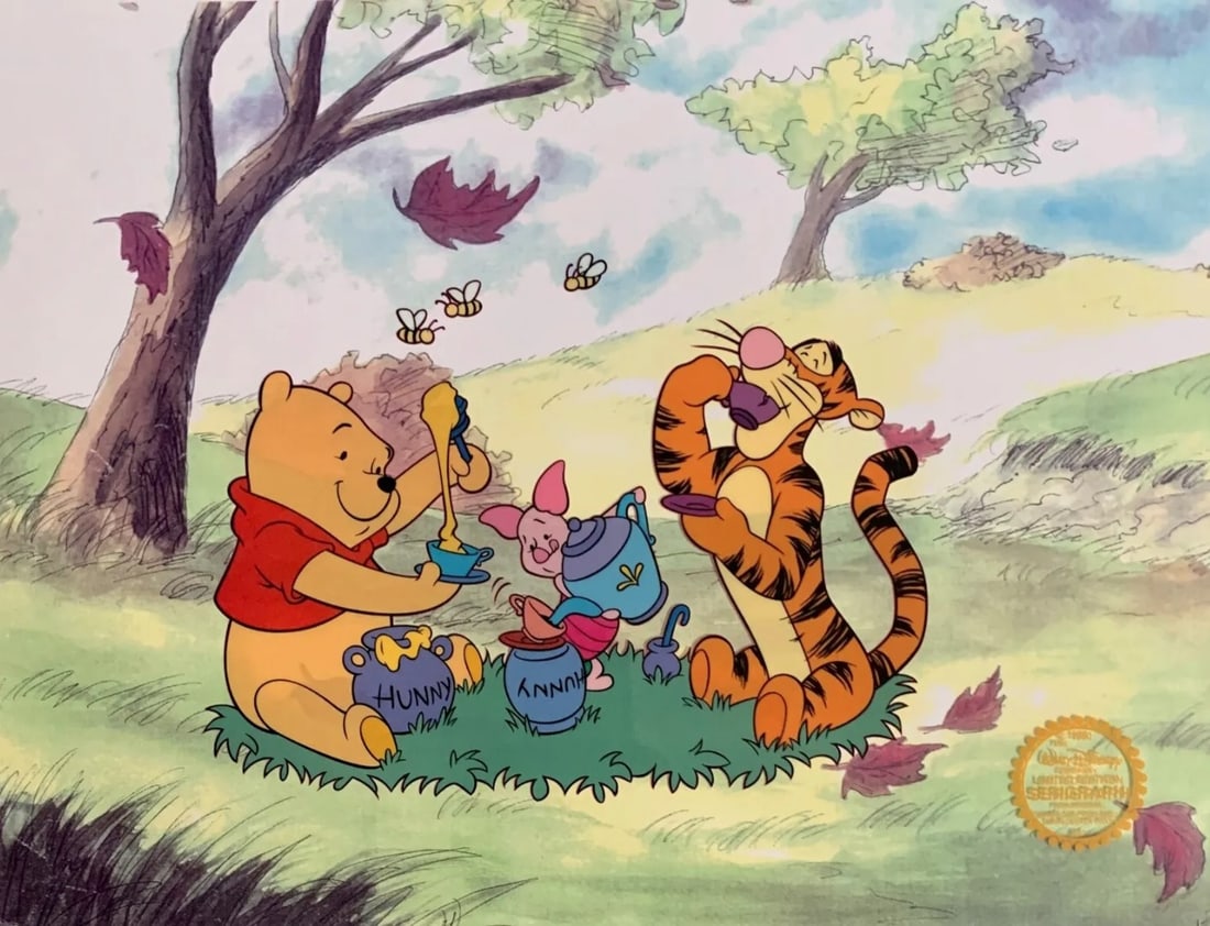 Disney, Winnie The Pooh, Tigger & Piglet at a picnic, Limited Edition Animation Cel: Limited edition Serigraph Cel from 1968 Walt Disney Studios - "WINNIE THE POOH AND THE BLUSTERY DAY". Disney?s own artists have selected this scene from the original animation drawings used to produce