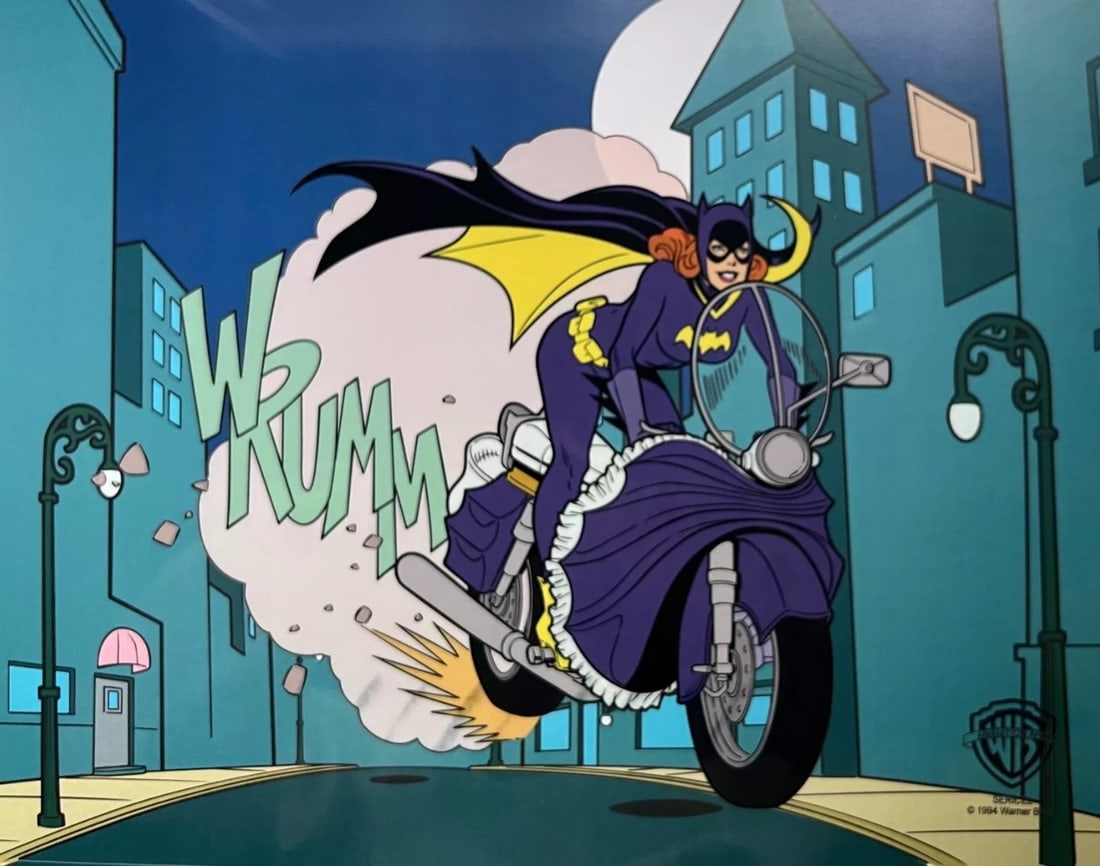 Warner Bros, Batgirl Cycle, Limited Edition Animation Cel: Artistic recreation sericel titled "Batgirl Cycle". This limited edition animation features Bat Girl as she appeared the original classic animation. This Cel measures 11" x 14", comes unframed, in exc