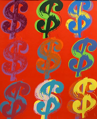 Andy Warhol (After), Dollar (9) FSIIA 285/286, Each Print is Unique - Red, 1982: Andy Warhol Dollar (9) FSIIA 285/286, Each Print is Unique, 1982 Silkscreen, not signed and numbered, Paper size 40 x 32 inches (101,6 x 81,2 cm) Images size 40 x 32 inches (101,6 x 81,2 cm) Condition