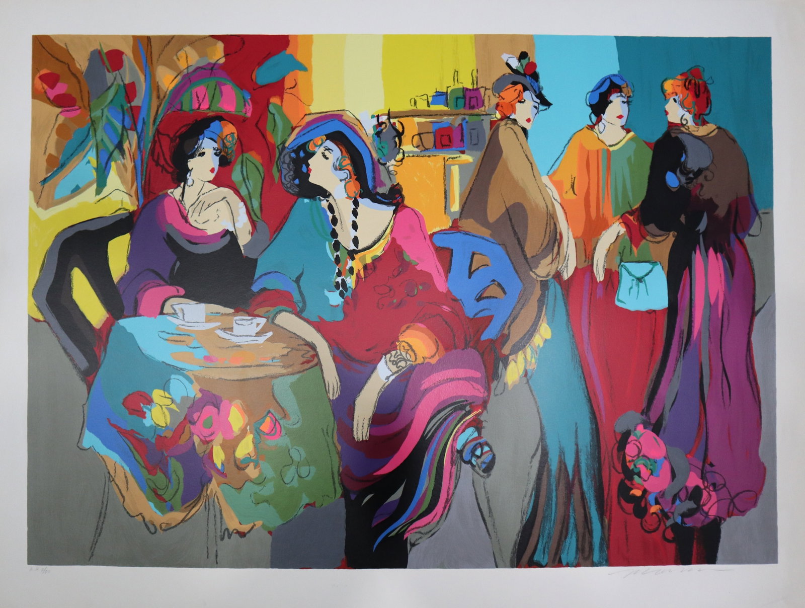 Isaac Maimon 'Cafe De Lion' - 1992 - Large Hand Signed Serigraph: Artist: Isaac Maimon Title: "Cafe De Lion" Medium: Serigraph on Paper Paper Size: 49.5 x 37.25 inches Edition: Limited Edition Signature: Hand Signed Condition: Good, Please see the brown stain in the