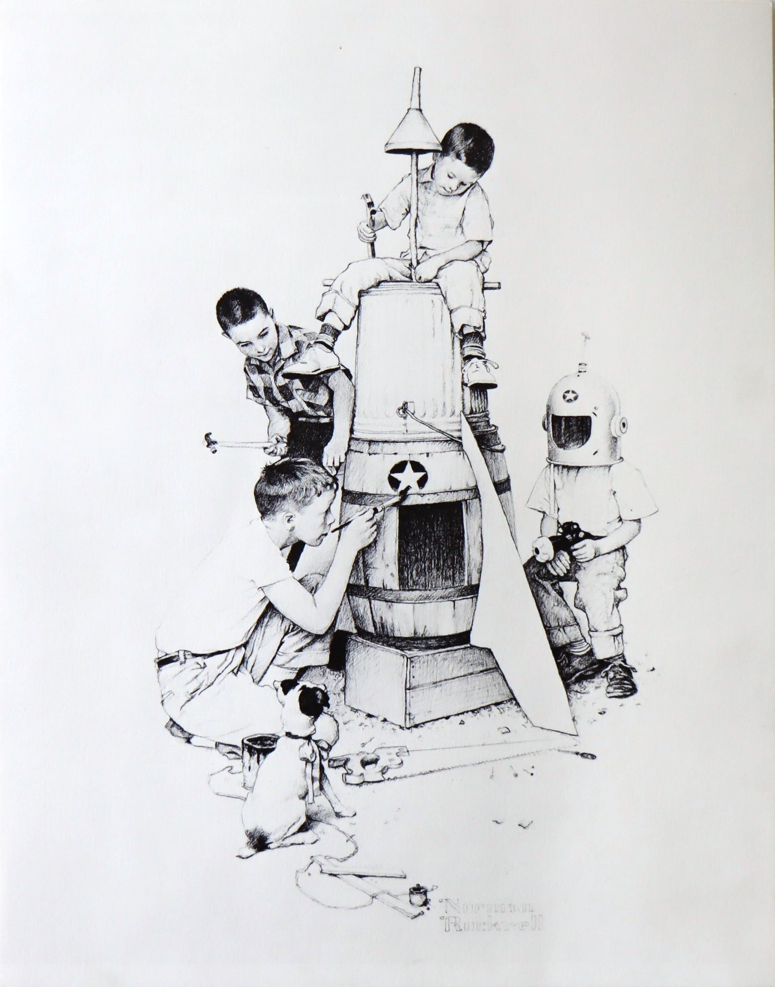 Norman Rockwell, Rocketship, Lithograph, 1980: Artist: Norman Rockwell Title: Portfolio: "American Family Life", based on Drawings from the 1950s for Massachusetts Mutual Company Media: offset lithograph on heavy cardstock paper Licensed print, Si