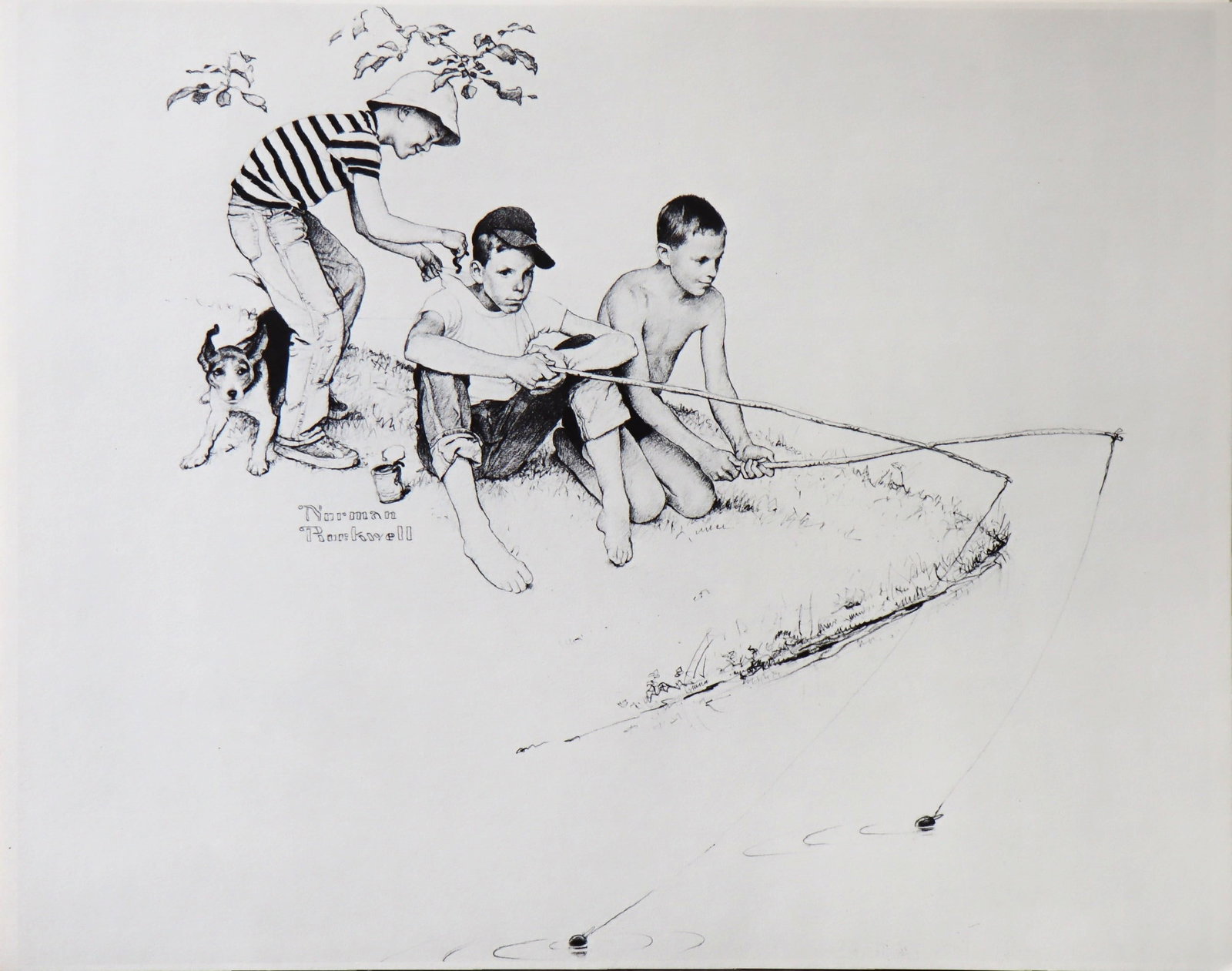 Norman Rockwell, Boys Fishing, Lithograph, 1980: Artist: Norman Rockwell Title: Portfolio: "American Family Life", based on Drawings from the 1950s for Massachusetts Mutual Company Media: offset lithograph on heavy cardstock paper Licensed print, Si
