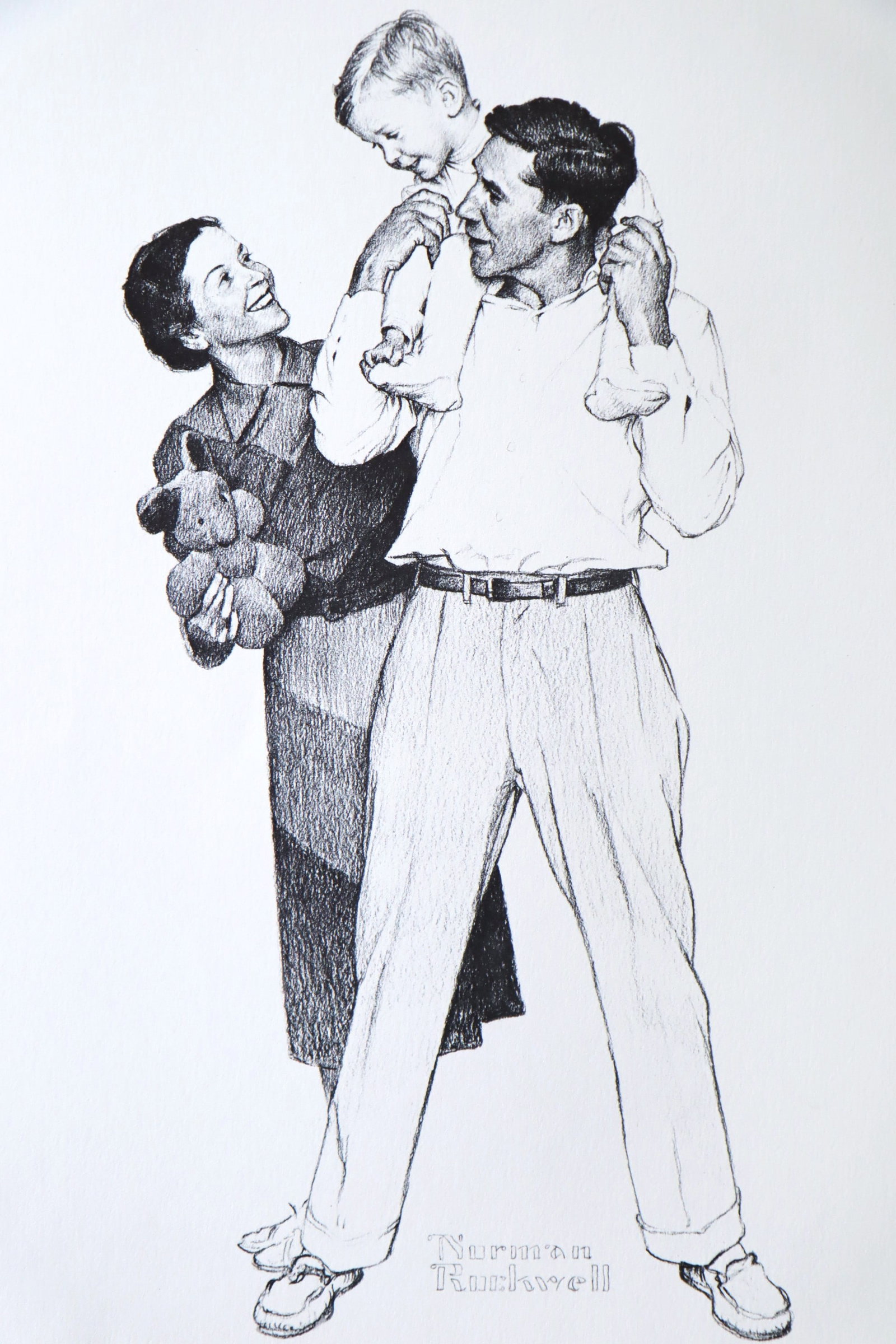 Norman Rockwell, Child on Father's Shoulder, Lithograph, 1980: Artist: Norman Rockwell Title: Portfolio: "American Family Life", based on Drawings from the 1950s for Massachusetts Mutual Company Media: offset lithograph on heavy cardstock paper Licensed print, Si