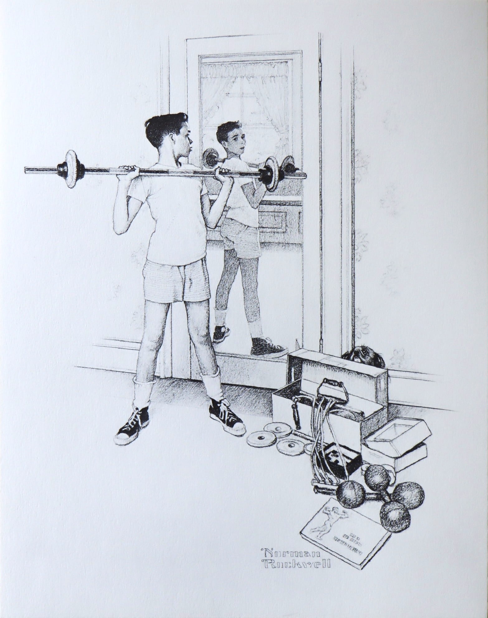 Norman Rockwell, Youngman Lifting Weights, Lithograph, 1980: Artist: Norman Rockwell Title: Portfolio: "American Family Life", based on Drawings from the 1950s for Massachusetts Mutual Company Media: offset lithograph on heavy cardstock paper Licensed print, Si