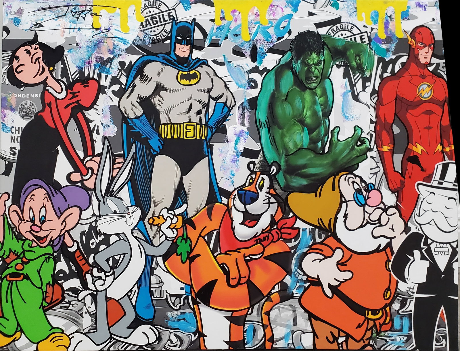 Jozza, "Heroes New Friends", Original Pop Art Canvas Painting, 2024, 24"x30": Description Jozza "Heroe's New Friends" Original Acrylic Paint on Canvas Size- 30 x 24 stretched Canvas Hand Signed on the front and the back in Black Market Comes with a Letter of authenticity Condit