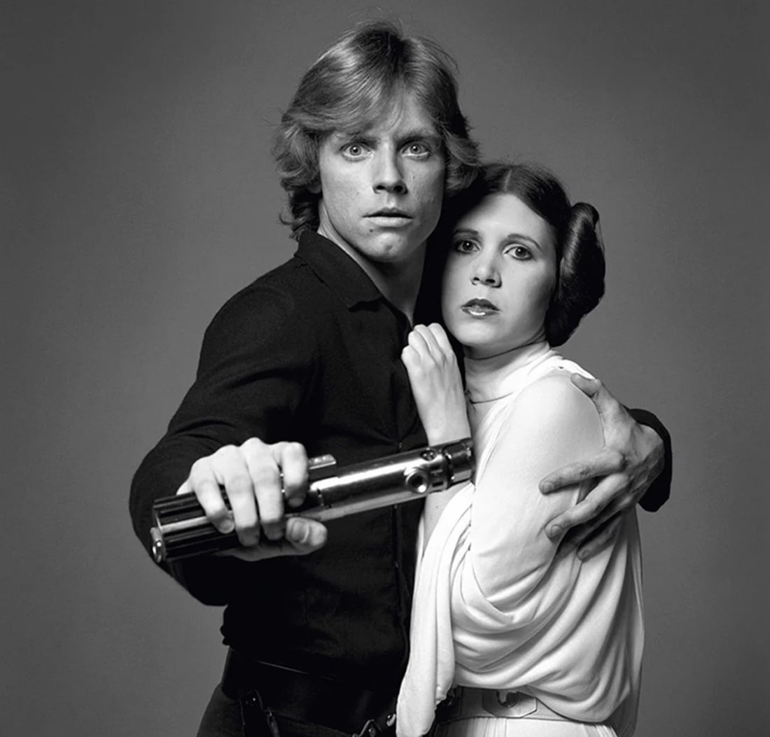 Terry O'Neill, 'Carrie Fisher & Mark Hammil - Star Wars', 1977: Photographer: Terence Patrick O'Neill CBE was a British photographer, known for documenting the fashions, styles, and celebrities of the 1960s. O'Neill's photographs capture his subjects candidly or i