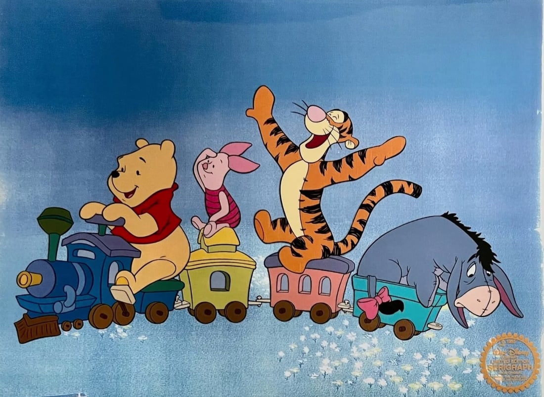 Disney, Winnie The Pooh, Tigger, Piglet & Eyeore on a Train, Limited Edition Animation Sericel: Limited edition Serigraph Cel from 1968 Walt Disney Studios - "WINNIE THE POOH". Disney?s own artists have selected this scene from the original animation drawings used to produce this classic Disney 