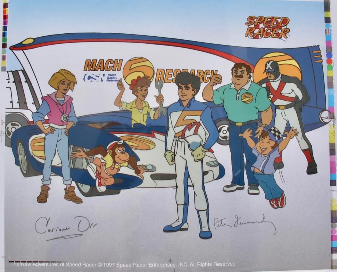 Funimation, Speed Racer - Mach 5 (The New Adventures), Limited Edition Animation Sericel: Limited edition Sericel titled ?SPEED RACER MACH 5 TEAM”. This Cel measures 10? x 12?, comes unframed, in excellent condition. This edition is facsimile signed by Corinne Orr and Peter Fernandez