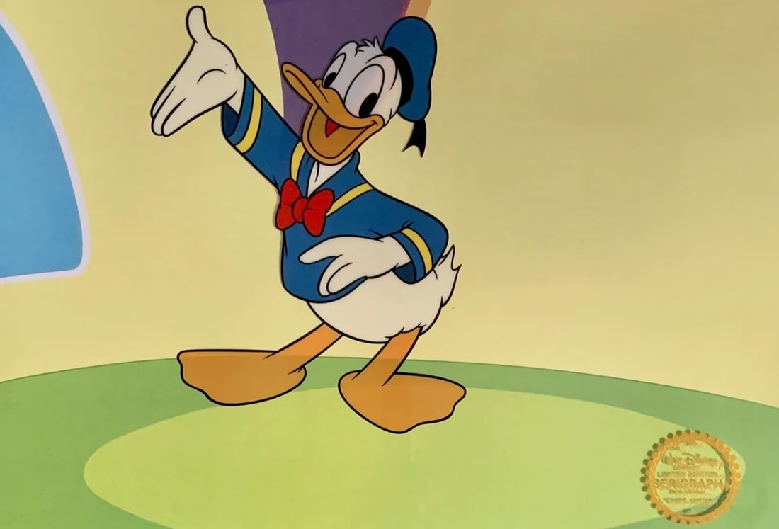 Disney, Donald Duck, Limited Edition Animation Sericel: Limited edition serigraph cel of Donald Duck. Disney?s own artists have selected this scene from the original animation drawings used to produce this classic Disney film. Known as a "cel", this image 