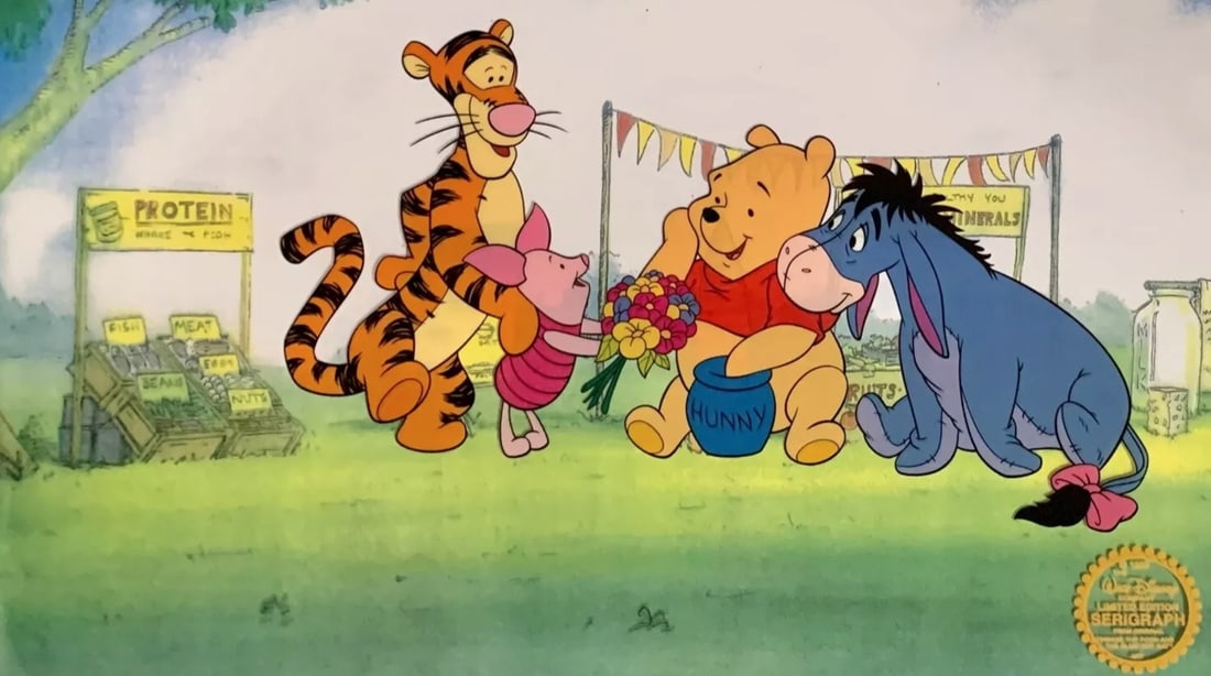 Disney, Winnie The Pooh, Limited Edition Animation Sericel: Limited edition Serigraph Cel from 1968 Walt Disney Studios - "WINNIE THE POOH AND THE BLUSTERY DAY". Disney?s own artists have selected this scene from the original animation drawings used to produce