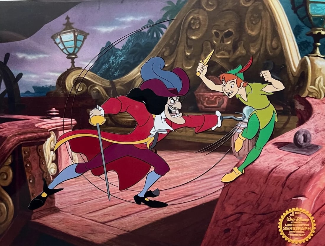 Disney, Peter Pan V.S Captain Hook, Limited Edition Animation Sericel: Limited edition Serigraph Cel of Peter Pan and Captain Hook from 1953 Walt Disney Studios - "Peter Pan". Disney?s own artists have selected this scene from the original animation drawings used to prod