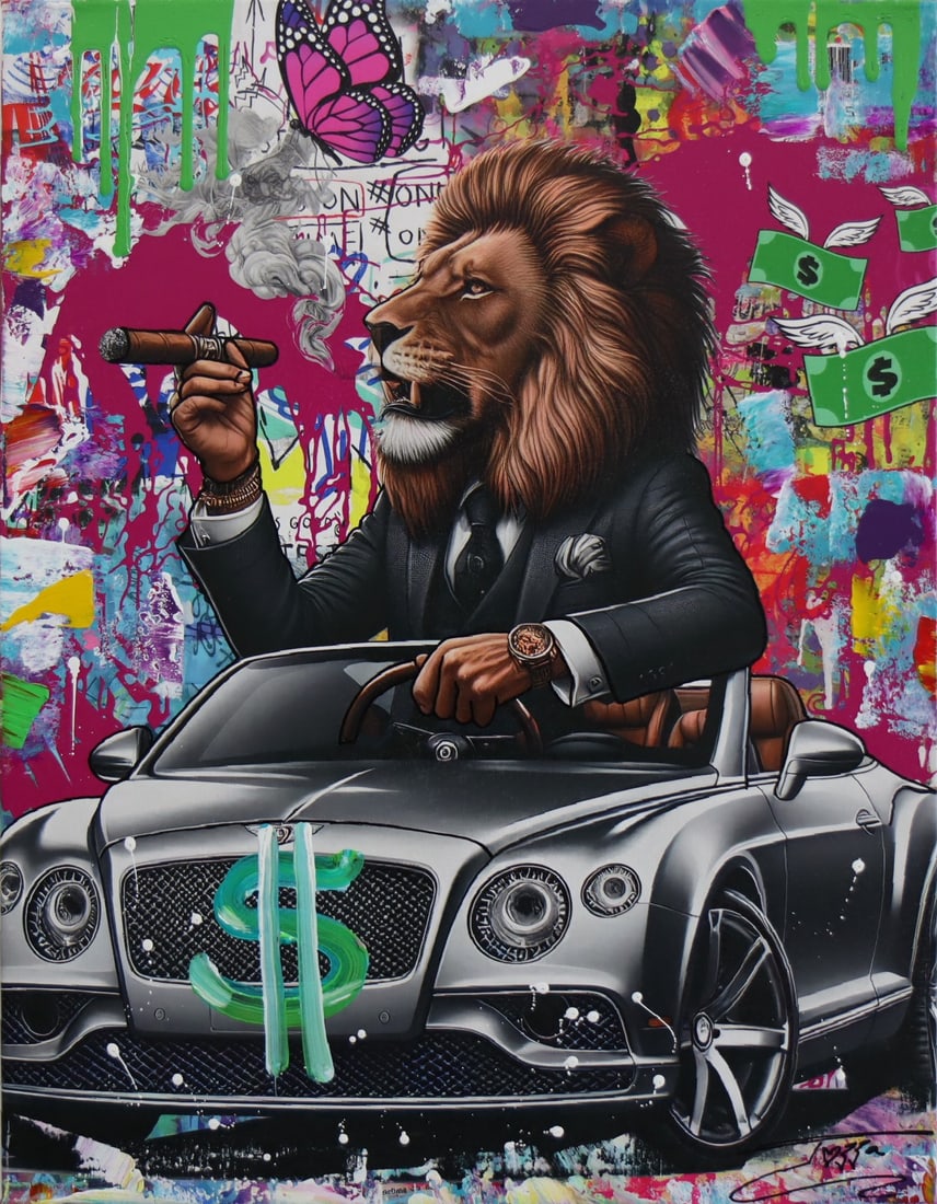 Jozza, Cool Ride', Original Pop Art Canvas Painting, 2024, 30"x24": Artist: Jozza - Pop Art Title: Year: 2024 Media: Original acrylic on canvas Size: 30x24 Inches Hand signed on the recto and signed "Jozza", Titled, and ID numbered on the verso. Condition: In mint con