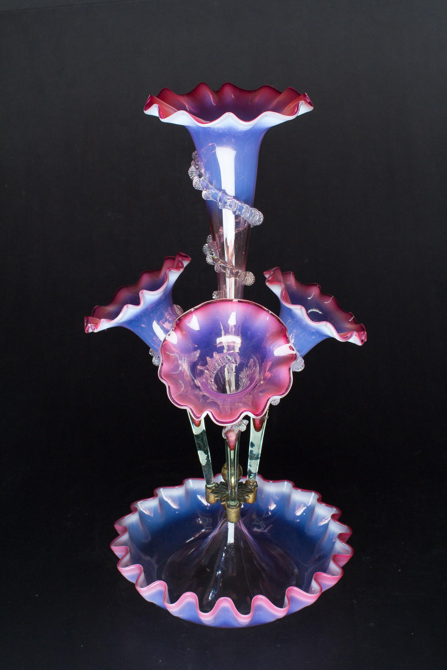 Victorian Era (19th Century) Peranakan Home Red Glass: Glass epergnes are iconic item of Baba and Nyonya who were normally english educated. It makes ornate decorative items on tabletops but were also used as food platters, especially for confections and