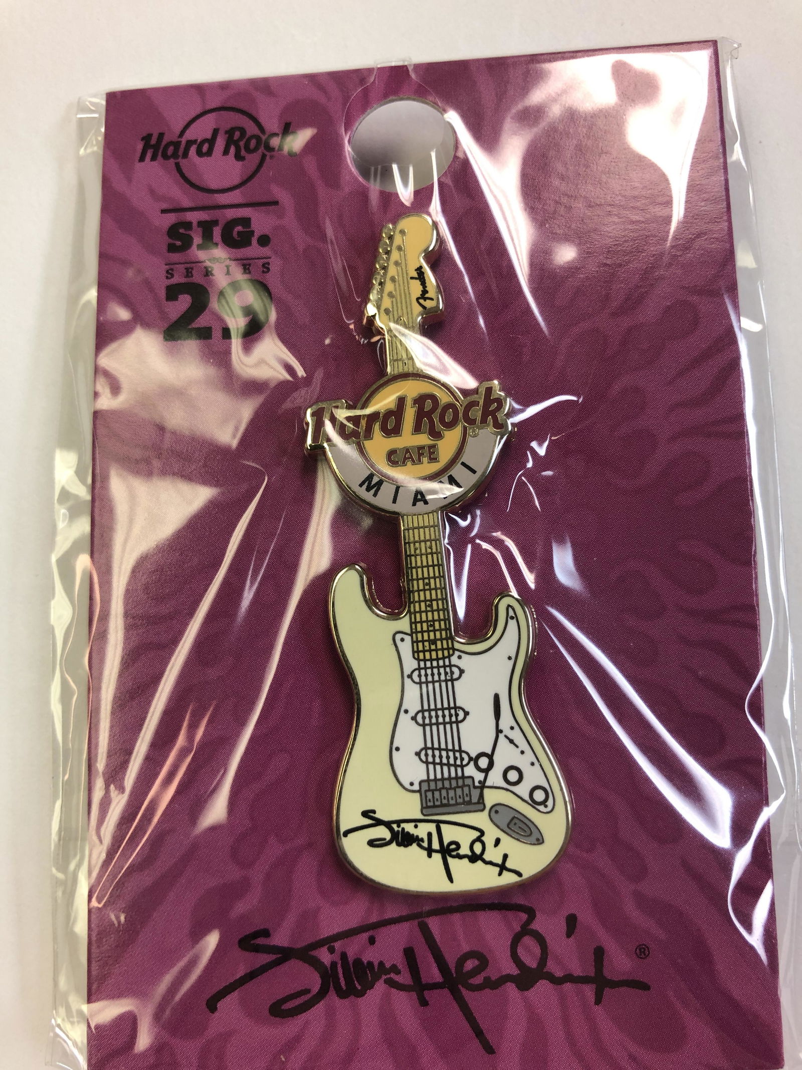 Hard Rock Cafe Jimi Hendrix Sig. Guitar Pin on Backing: Ask any and all questions before bidding. All framed items take 2 weeks for framing. We ship every day. Once invoice is paid items usually ship within 4 days of payment, unless it is a framed item. So