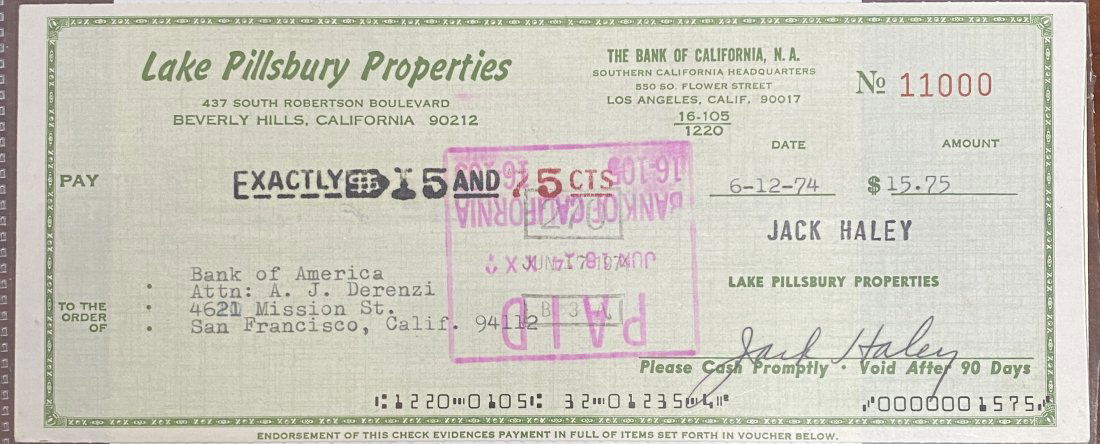 Jack Haley Autographed Tin Man Cancelled Check (1 of 1)