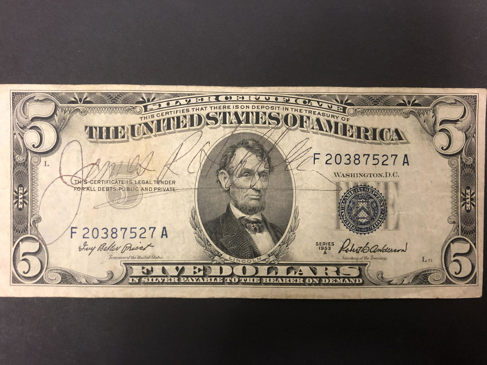 Jimmy Hoffa Autographed $5 Silver Certificate (1 of 1)