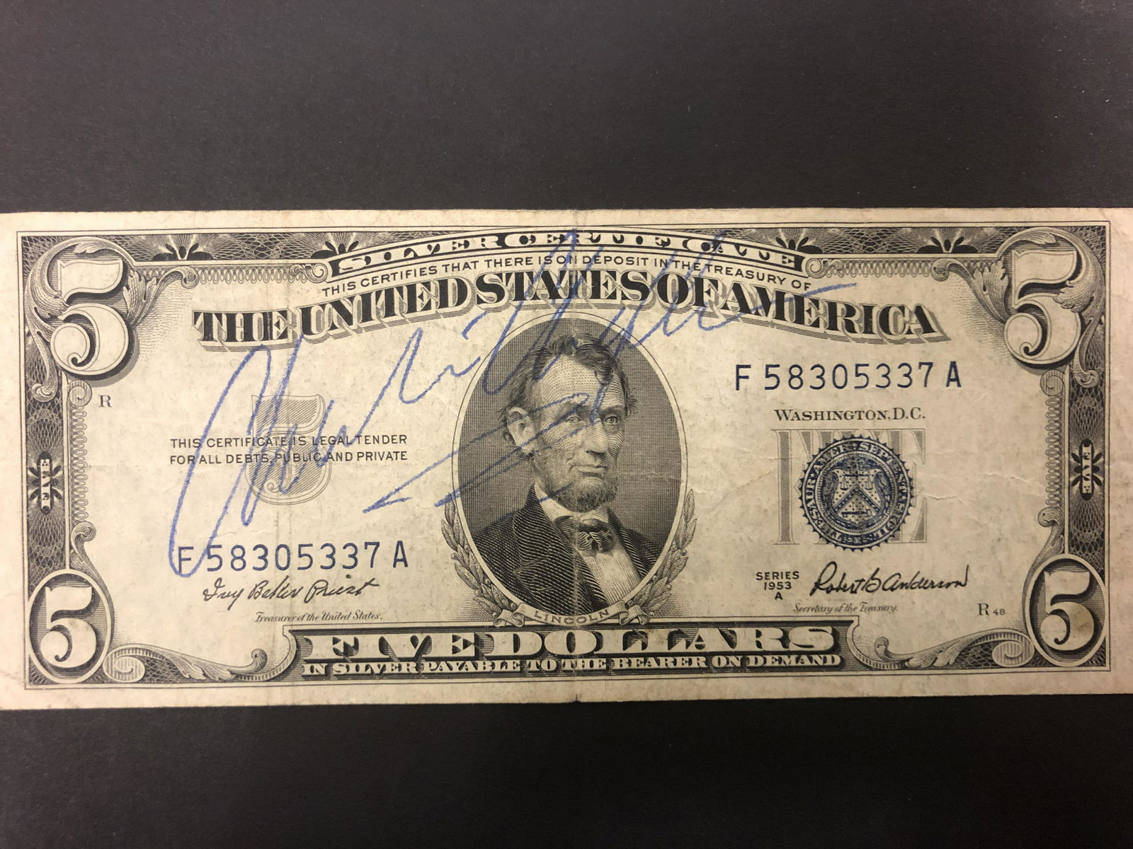 Charlie Chaplin Autographed $5 Silver certificate (1 of 1)