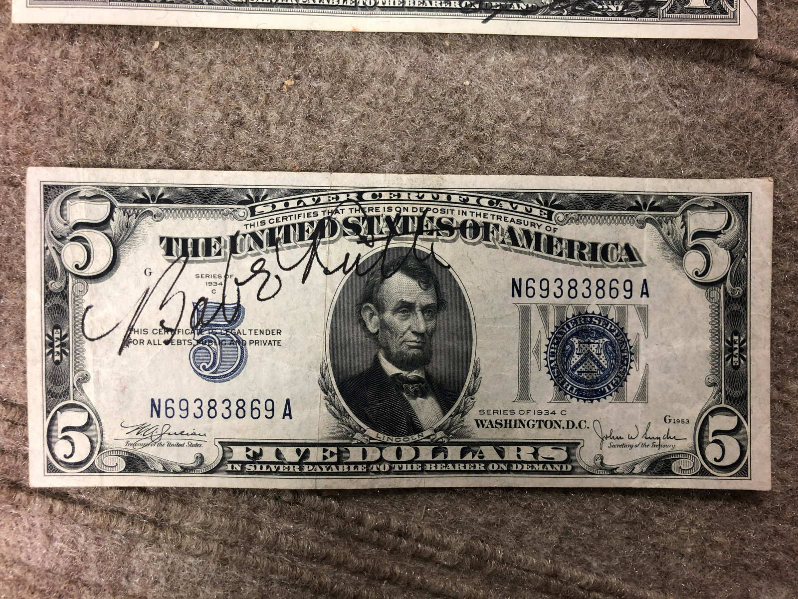 Babe Ruth Autographed $5 Silver Certificate (1 of 1)